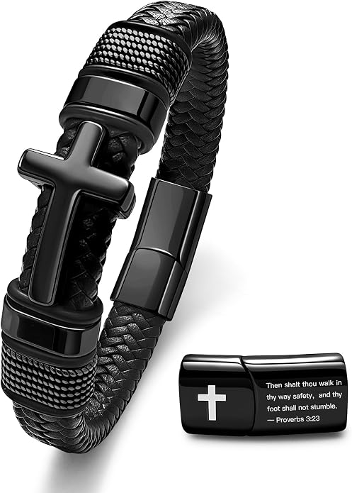 Black Cross Cuff Bracelet for Men,Stainless Steel Braided Leather Bible Verse Bracelet with Joshua 1:9 Inspirational Faith Gift for Dad,Brother,Son,family,Religious Baptism and Confirmation Gifts