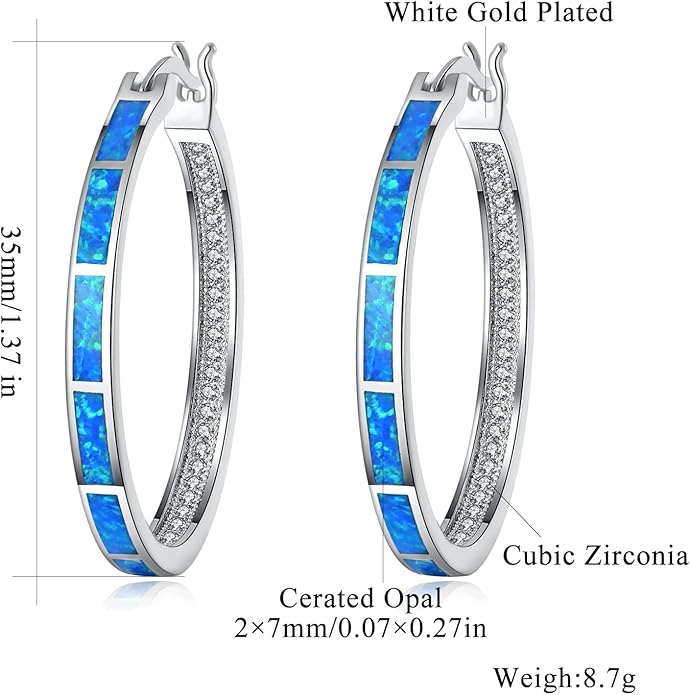 CiNily Opal Hoop Earrings,Women Jewelry Rhodium Plated/Rose Gold or Yellow Gold Plated Gemstone Big Hoop Earrings 32mm