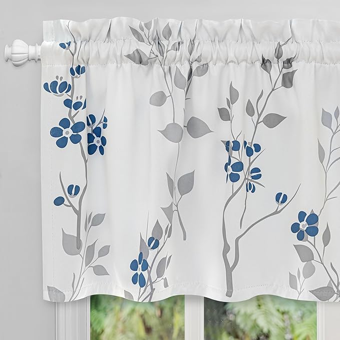Beauoop Floral Valance Curtains for Kitchen Blue Grey 52X18 Inch 1 Panel | Flower Patterned Blue White Blackout Short Curtains for Living Room Bedroom Cafe Thermal Small Window Curtains Rod Pocket