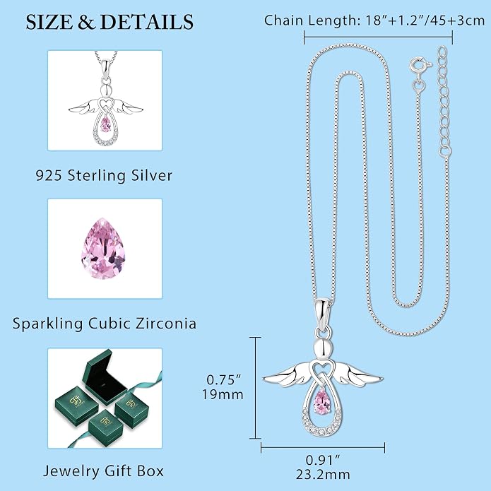 FJ Guardian Angel Necklace 925 Sterling Silver Birthstone Pendant Angel Jewelry Gifts for Women