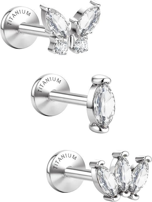 GEMQUEEN G23 Implant Grade Titanium 18G Internally Threaded Flat Back Earrings 5A CZ Studs: 14K Gold Hypoallergenic 3 Pcs Tragus Cartilage Conch Helix Piercing Jewelry for Sensitive Ears Women Men