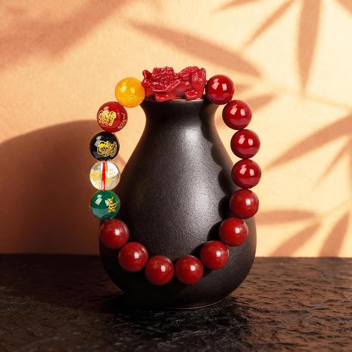Five Roads Wealth God Cinnabar Pixiu Bracelet - Feng Shui Red String Bracelet for Good Luck & Money Attraction, Fortune Blessing for Men & Women, Adjustable Lucky Charm Bracelet (Classic & Cinnabar Options, 8/10/12mm)