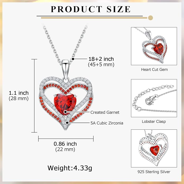 Anniversary Charm Necklace, Sterling Silver 14K Gold Plated Chain with Interlocking Heart Pendant Elegant Birthstone Necklaces for Women, Length 18"