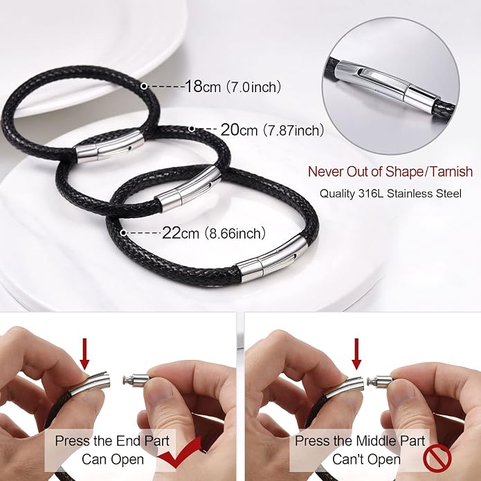 FOCALOOK Braided Leather Bracelets for Men, Black/Brown Stainless Steel Engraved Inspirational Bangle Cuff Bracelet with Clasp, Valentines Day Gifts for Him Husband Friends