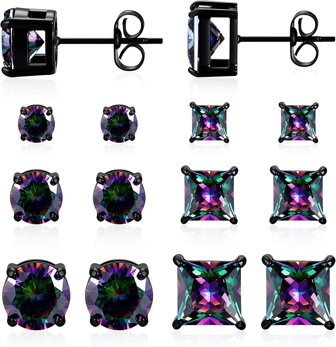 MDFUN 6 Pairs Stud Earrings Set 3mm/5mm/7mm Princess & Round Cubic Zirconia Earrings Hypoallergenic 316L Surgical Stainless Steel CZ Earrings for Women Men