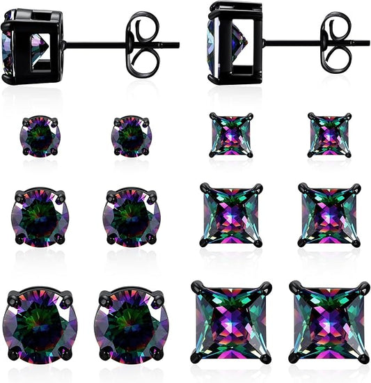 MDFUN 6 Pairs Stud Earrings Set 3mm/5mm/7mm Princess & Round Cubic Zirconia Earrings Hypoallergenic 316L Surgical Stainless Steel CZ Earrings for Women Men