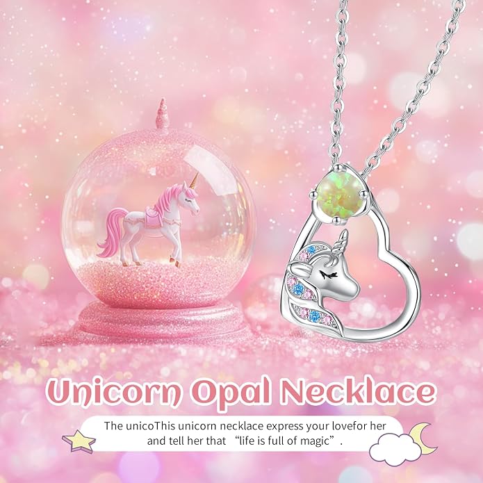 CDE Christmas Gift for women Cute Unicorn Birthstone Necklace for Girls Daughter 925 Sterling Silver Opal Heart Pendant Graduation Birthday Christmas Jewelry Gift for Teenage Girls Niece