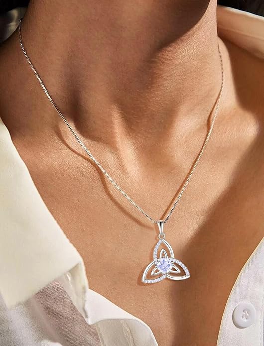 Celtic Birthstone Necklace for Women 925 Sterling Silver Trinity Knot Triquetra Crystal Pendant