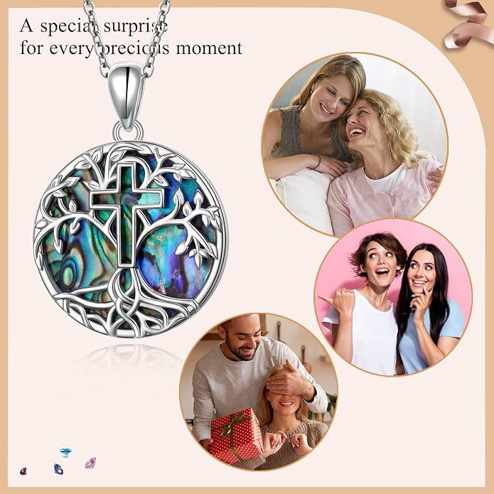 DAOCHONG Tree of Life Cross Necklace 925 Sterling Silver Abalone Shell Pendant Necklaces for Women Christian Religious Jewelry