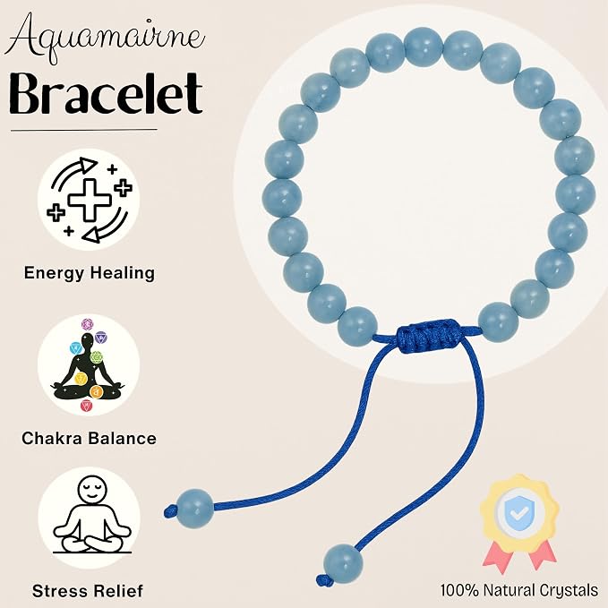 Amazing Gemstone Aquamarine Bracelet for Women Men's Gifts - Protection Healing Crystal Bracelet - 8mm Gemstone Beaded Adjustable Bracelet Pulseras para Hombres Mujer Stocking Stuffers