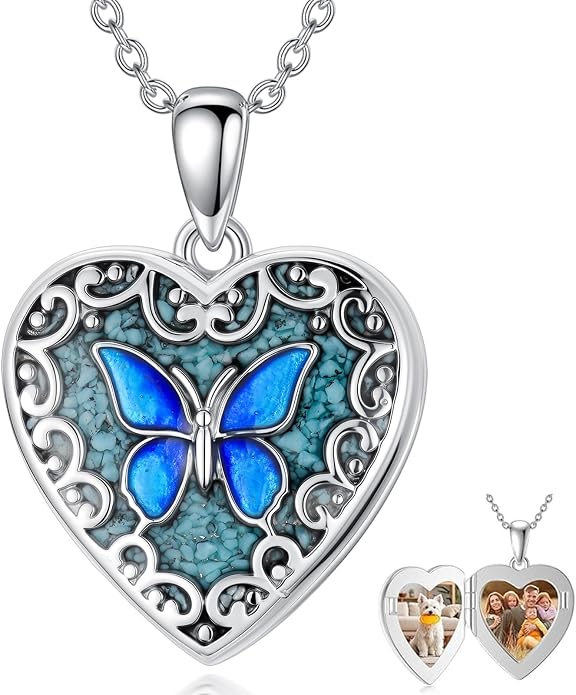 Dorunmo Personalized Locket Necklace 925 Sterling Silver that Holds Pictures Butterfly Birthstone Photo Heart Locket Custom Jewelry Congratulations New Beginnings New Job Gifts for Women