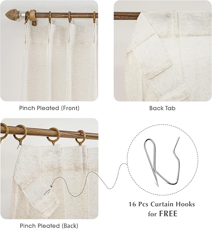 FMFUNCTEX Beige Flax Linen Sheer Curtains 90 Inch Long Rod Pocket 2 Panels | Natural Semi Sheer Window Drapes for Bedroom and Living Room, Farmhouse French Window Curtain Light Filtering Privacy
