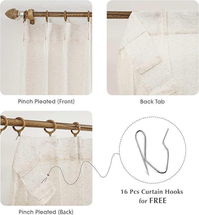 FMFUNCTEX Beige Linen Pinch Pleated Sheer Curtains 90 Inch Long 2 Panels | Natural Semi Sheer Window Drapes French See Through for Bedroom and Living Room, Farmhouse Privacy
