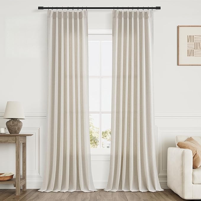 Vanilla Linen Pleated Curtains 96 Inches Long for Living Room 2 Panels Set Semi Sheer Light Filtering Pinch Pleat with Rings Hooks Back Tab Drapes Neutral Boho 96 Inch Curtain for Bedroom Window