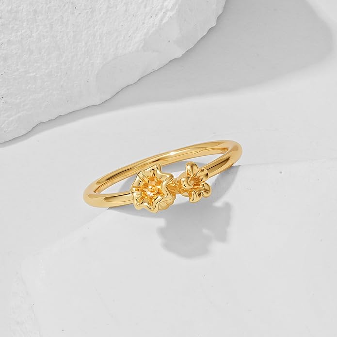 Birth Flower Ring for Women 14K Gold Plated Floral Minimalist Stackable Finger Jewelry Birthday Gifts
