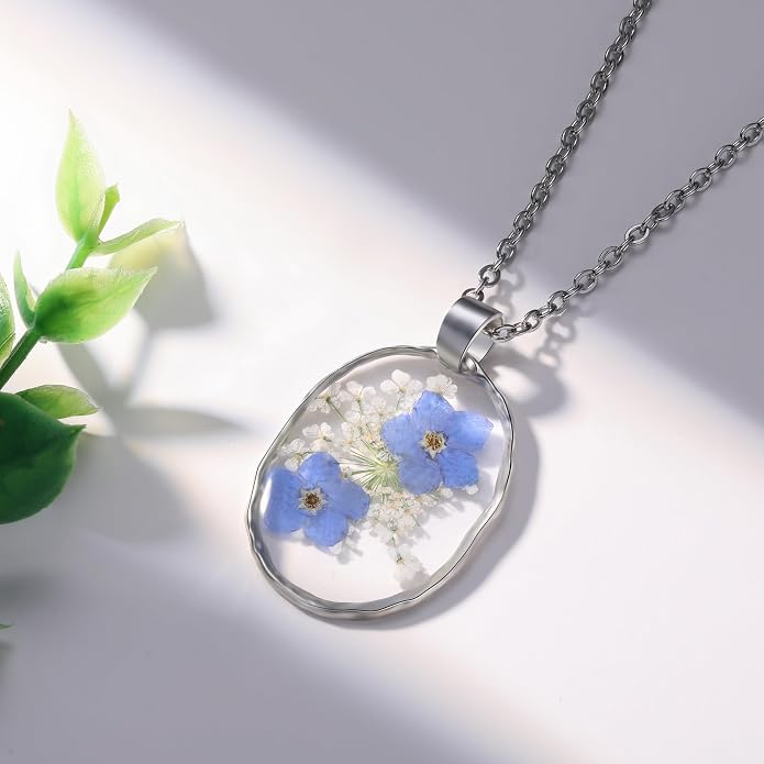 AUNTESIGN Forget-Me-Not and Queen Anne's Lace Pressed Wildflower Necklace | Birth Month Flowers Necklace | Gold/Silver Pressed Flower Jewelry | Mother's Day | Gift For Her
