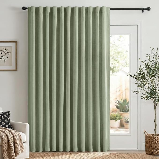 100% Blackout Shield Linen Blackout Sliding Door Curtains for Living Room, Back Tab/Rod Pocket Thermal Insulated Curtains for Sliding Glass Doors, 1 Panel Set, 100" W x 84" L, Sage