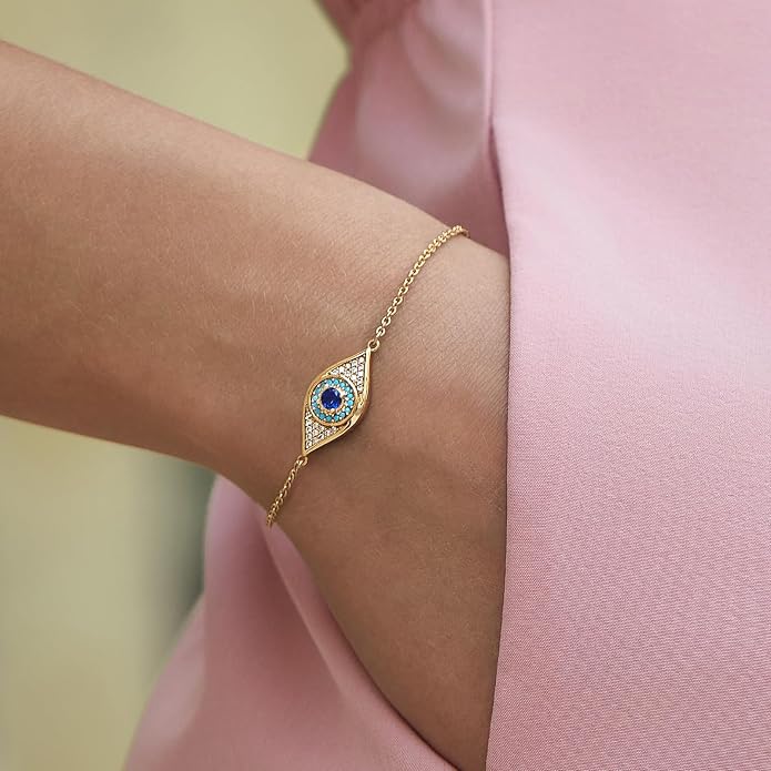 Cicy Bell Evil Eye Bracelets 18k Gold Plated Turquoise Zirconia Link Bracelets Trendy Jewelry Gift for Women Adjustable 5.9" with 1.9'' Extender