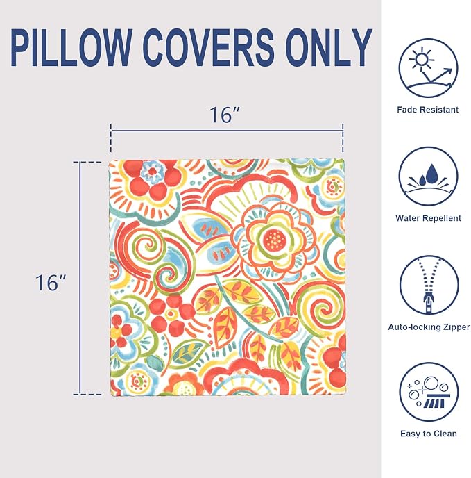 Outdoor 16x16 Inch Throw Pillow Covers Set of 2, All Weather Square Pillow Cases, Patio Cushion Pillow of Home Furniture Use, Flower Multi