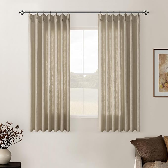 Grey Beige Pinch Pleat Linen Kitchen Curtains 45 Inches Long 2 Panels | Basement Short Curtains for Small Bay Window, Pinch Pleated with Hooks Rings Back Tab, Thick Linen Semi Sheer, W40xL45