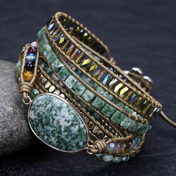 Boho Wrap Bracelet for Women, Handmade Natural Imperial Jasper Multi-Layer Stone Beaded Bracelet, Bohemian Healing Crystal Stone Jewelry Gifts