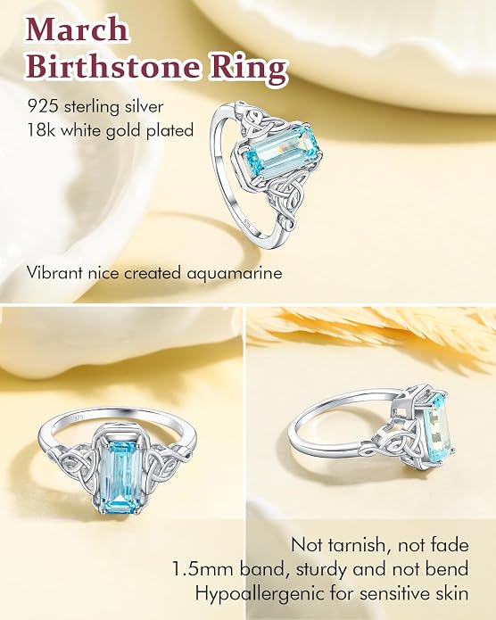 DAYBYDAY Celtic Birthstone Rings for Women, 925 Sterling Silver/18K Gold Plated Emerald Cut Celtic Knot Engagement Wedding Ring, Square Created Gemstone Promise Rings for Her Size 6-10