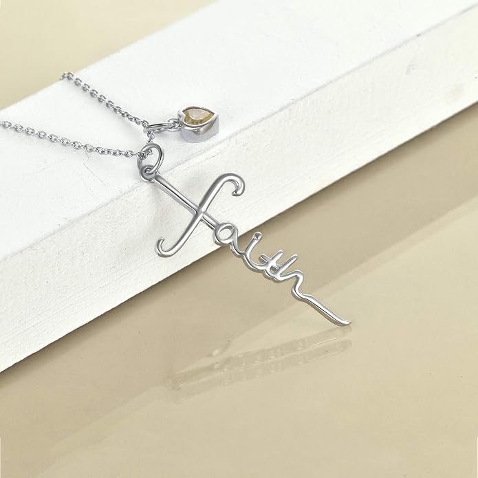 Faith Cross Necklace For Women Birthstone Sterling Silver with Simulated Birthstone Cross Jewelry Christian Gifts