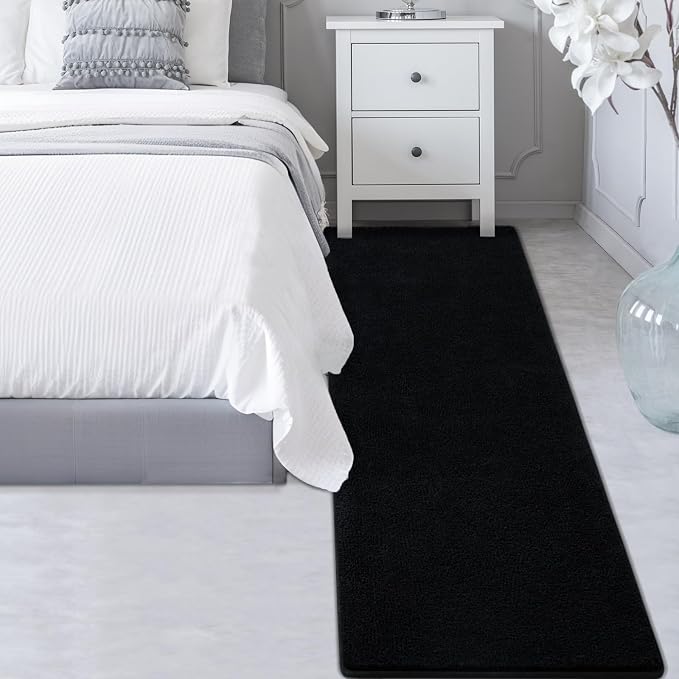 Gifeas Ultra Soft Modern Runner Rug for Hallway Bedroom, 2x6 Feet Black Thickened Memory Foam Indoor Solid Minimalist Carpets, Non-Slip Comfy Area Rug for Boys Girls Living Room Nursery Home Decor