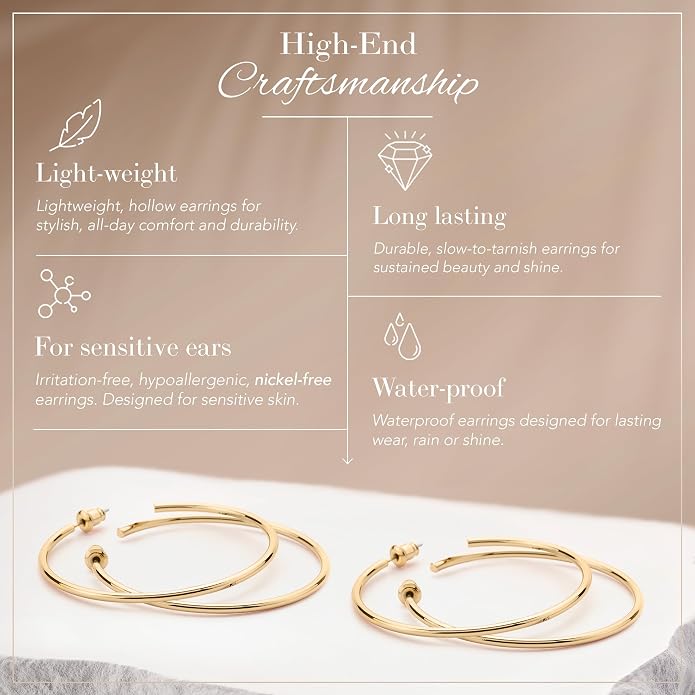 14K Gold-Plated, Lightweight, Open Hoop Earrings For Women