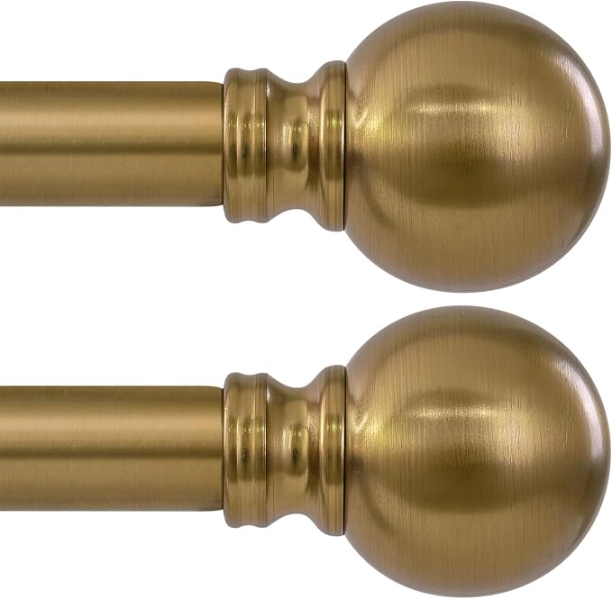 2 Pack Warm Gold Curtain Rods for Windows 28 to 48 Inch 1" Diameter Short | Vintage Brass Adjustable Heavy Duty Antique Brushed Bronze Metal Decorative with Finials for Living Room Bedroom Kitchen