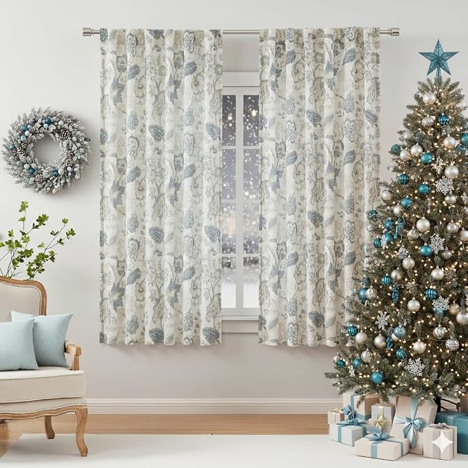 Kayne Studio Botanical Print Semi Sheer Curtains Blue Grey Floral Leaf Farmhouse Linen Curtain Drapes Light Filtering Window Treatments for Living Room Bedroom Rod Pocket Back Tab,52"x63",2 Panels