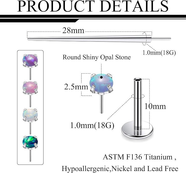 Ruifan Titanium Flat Back Lip Rings Threadless Push in Earrings Studs Nose Rings 20G 18G 16G Mix Colors Opal Tragus Cartilage Lobe Rook Helix Conch Labret Medusa Nostril Piercing Jewelry for Women Men