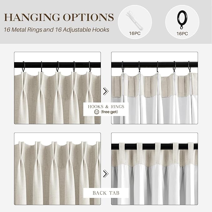 IVAPUPU Pinch Pleated Linen Blackout Curtains for Bedroom, Natural Full Black Out Curtains 84 Inches Long for Living Room Darkening Thermal Insulated Neutral Pleat Drapes with 16 Hooks, 2 Panels