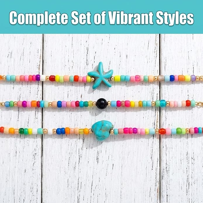 ASIJUNTYECHO Colorful Beaded Anklet Set | 3 Pcs Summer Beach Anklets, Western Turquoise Star & Shell Beaded Anklet Jewelry for Vacation, Boho & Everyday Wear