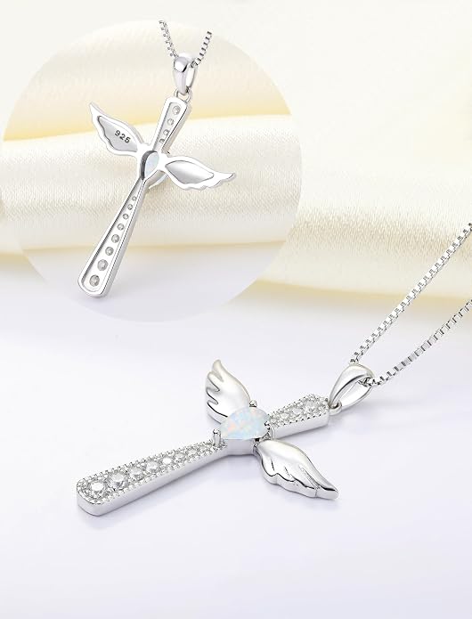 YL Cross Necklace 925 Sterling Silver Angel Wings Pendant Teardrop Birthstone Criss Jewelry for Women