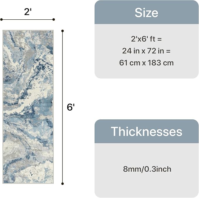 GENIMO Runner Rug Non Slip 2x6, Washable Rug Runner for Hallways Kitchen, Abstract Modern Kitchen Rugs, Low Pile Lightweight Carpet Runners for Entryway, Bedroom, Laundry, Blue Grey