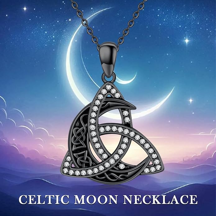 CHENGHONG Celtic Moon Necklace for Women 925 Sterling Silver Celtic Knot Moonstone Pendant Necklace Crescent Irish Necklaces Celtics Jewelry Gift for Women Men