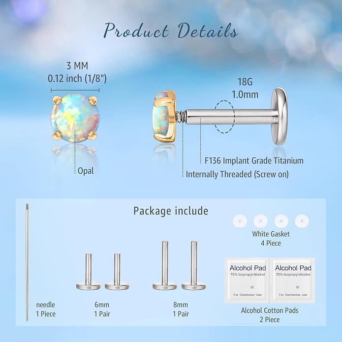 Limerencia 2Pcs 18g Titanium Internally Threaded Tragus Piercing Jewelry Nose Studs Flat Back Earrings Labret, Lip, Helix, Cartilage, Conch, Medusa Piercing for Women Men Sensitive Ears
