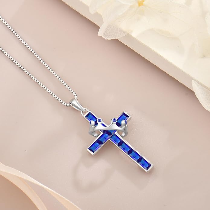 Gemstone Crown Cross Necklaces for Women, 925 Sterling Silver Rectangular cut Zircon Pendant With Rotated Crown Faith Cross Jewelry Gift