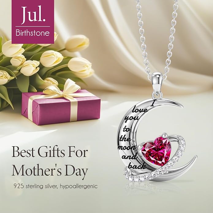 Distance I Love You to The Moon and Back Necklace for Women, S925 Sterling Silver Forever Love Heart Birthstone Necklace, Anniversary Birthday Jewelry for Wife Lover