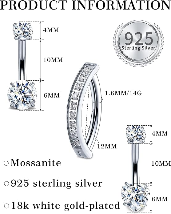 Kosuwo Mimosa Stone 925 Sterling Silver Navel Ring Women's Navel Piercing Jewelry Hypoallergenic Sterling Silver Navel Ring Cute Navel Piercing Ring 3-Piece Set