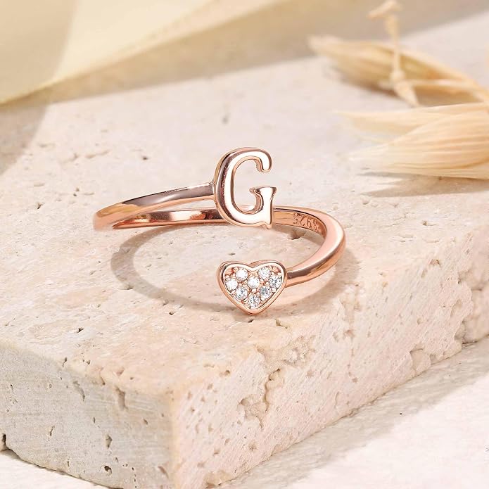 MILACOLATO 925 Sterling Silver Initial Rings for Women Teen Girl 18K Gold Plated Heart Initial Rings Adjustable Capital Letter Ring Stackable Thumb Pinky Rings for Daughter Birthday Bridesmaid Gifts Jewelry, A to Z