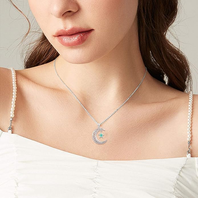 TRISHULA Moon Star Necklace, 925 Sterling Silver Crescent Moon Sun Pendant with Moonstone Crescent Jewelry Gift for Her Sister Birthday Christmas