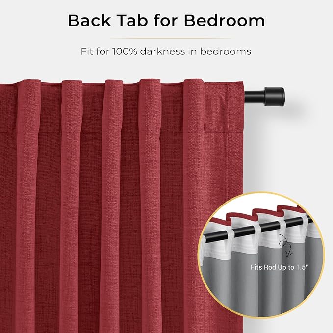 INOVADAY 100% Blackout Curtains for Bedroom, Ruby Red Black Out Curtains 96 Inch Long, Clip Rings Linen Blackout Drapes, Thermal Insulated Room Darkening for Living Room, 2 Panels - W50xL96