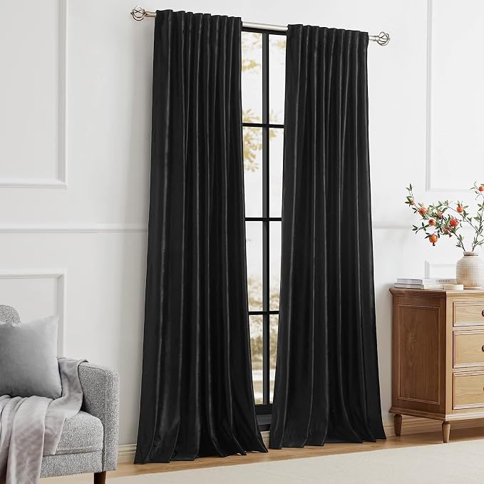 PRIMROSE Black Curtains 72 inch for Living Room Velvet Drapes Blackout Rod Pocket Back Tab Window Treatment Semi Room Darkening Decor Curtains for Bedroom Set of 2 Panels