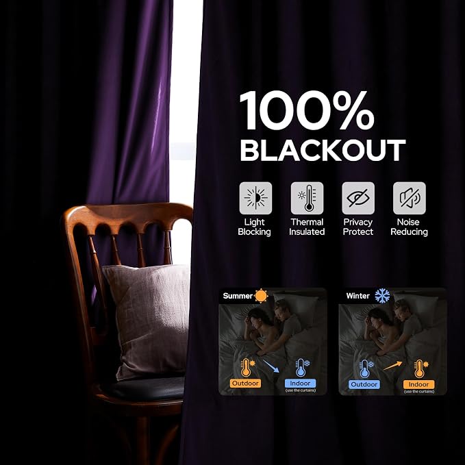 HOMEIDEAS 100% Blackout Purple Velvet Curtains, Thermal Noise Reduction Soft Luxury Vintage Christmas Velvet Curtains for Bedroom Decor, Living Room, Home, 52 X 108 Inch, 2 Panels