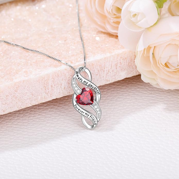 Daughter Necklace 925 Sterling Silver Always My Daughter Forever My Friend Infinity Necklace to Daughter Birthday Gift from Mom with 12 Birthstones