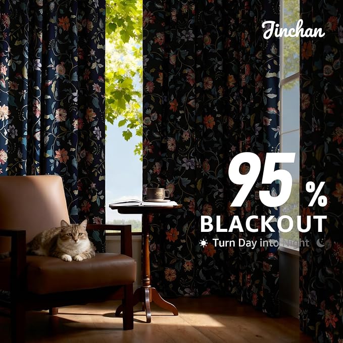 jinchan Dark Blue Floral Blackout Curtains 84 Inch Back Tab 2 Panels | Room darkening, light blocking, elegant vintage drapes, botanical floral print, bedroom, living room, window treatment