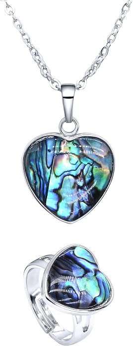 Abalone Shell Heart Ring and Necklace Set – Love Shape Jewelry Set for Women, Iridescent Ocean-Inspired Gift