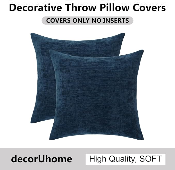 decorUhome Soft Chenille Navy Blue Throw Pillow Covers 16X16 Set of 2 | Decorative Fall Couch Pillow Covers Solid Dyed Accent Modern Farmhouse Neutral Square Pillow Cases for Sofa